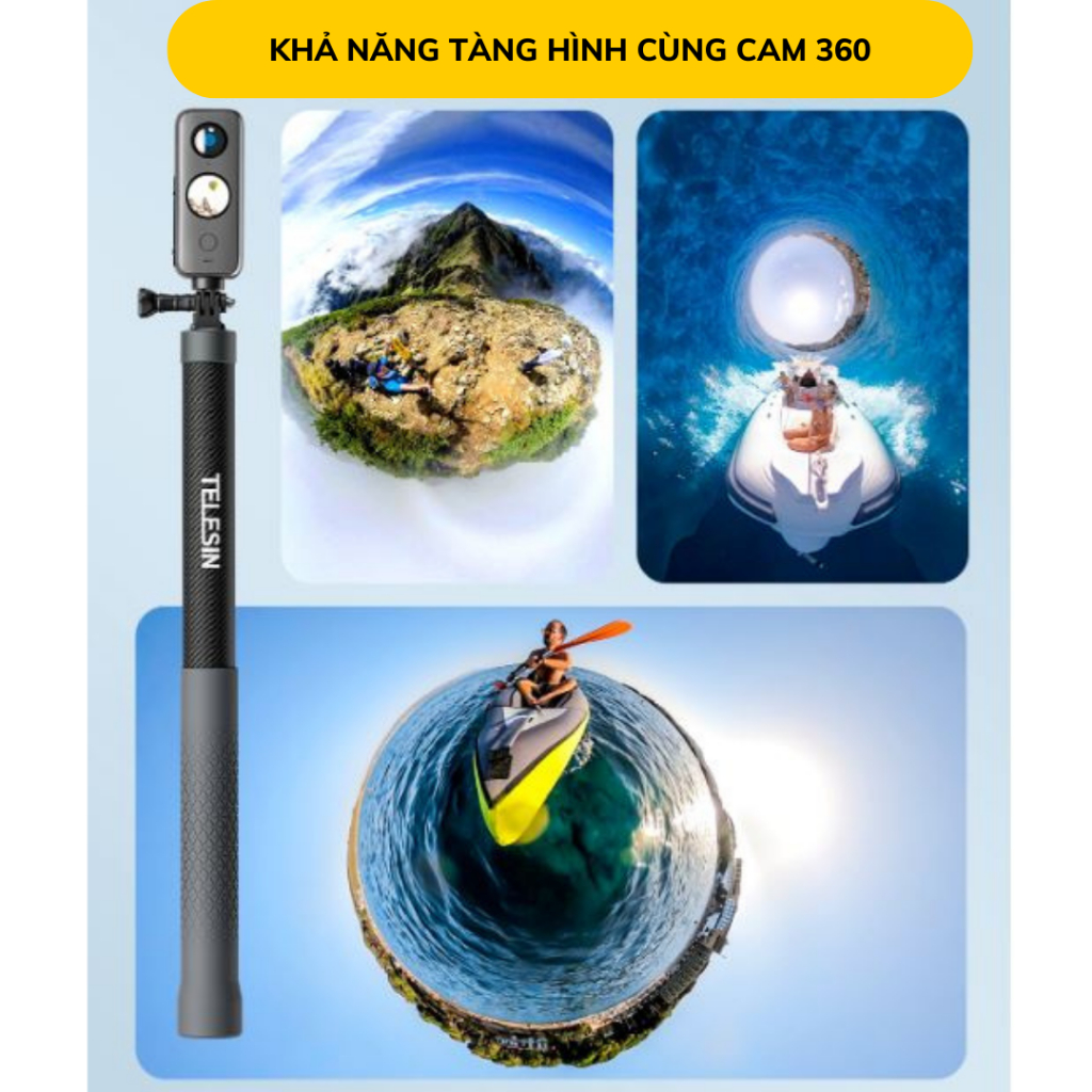 Gậy 3M Telesin Carbon fiber tàng hình dành cho Insta360 , Actioncam, Gopro, cực kì chắc chắn góc quay độc đáo
