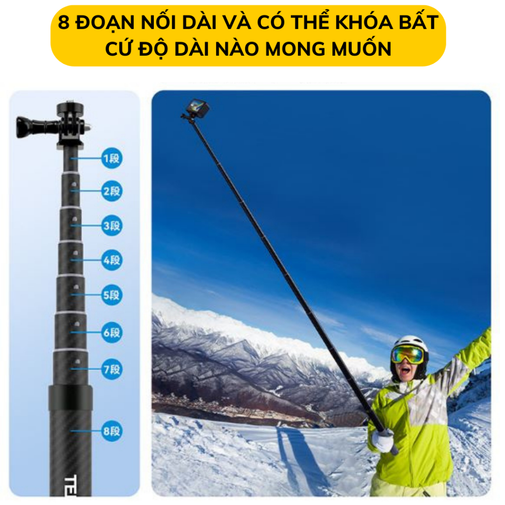 Gậy 3M Telesin Carbon fiber tàng hình dành cho Insta360 , Actioncam, Gopro, cực kì chắc chắn góc quay độc đáo