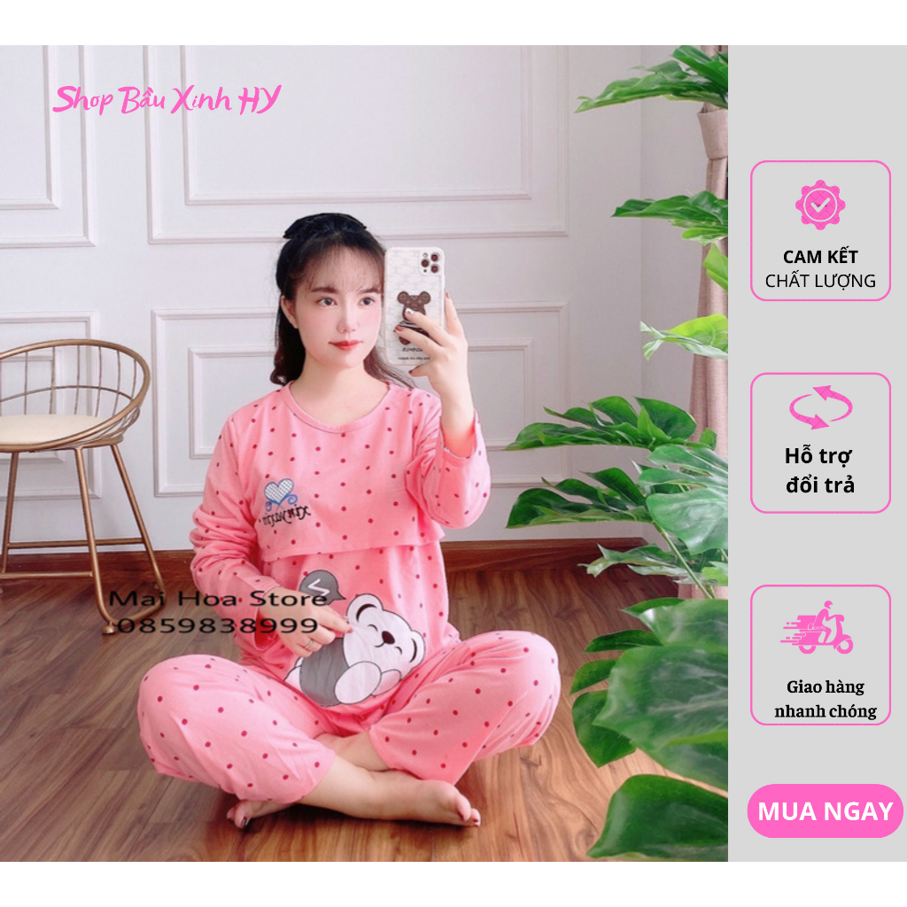 (Hàng loại 1) Bộ Đồ Bầu & Sau Sinh Dài Tay Mặc Nhà Cho Mẹ, Quần Chỉnh Chun, áo mở ngực cho bé ti chất cotton mềm mịn