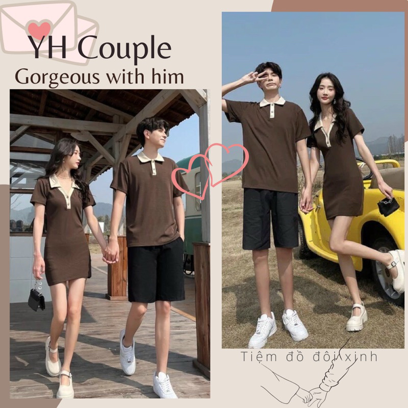 SET ĐỒ ĐÔI THUN GÂN NÂU PHỐI CỔ- YH COUPLE
