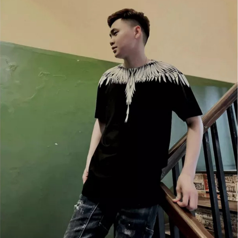 Áo phông nam nữ Premium Cotton in hình đôi cánh trắng Burlon tràn cổ hai mặt, Áo thun co giãn 4 chiều