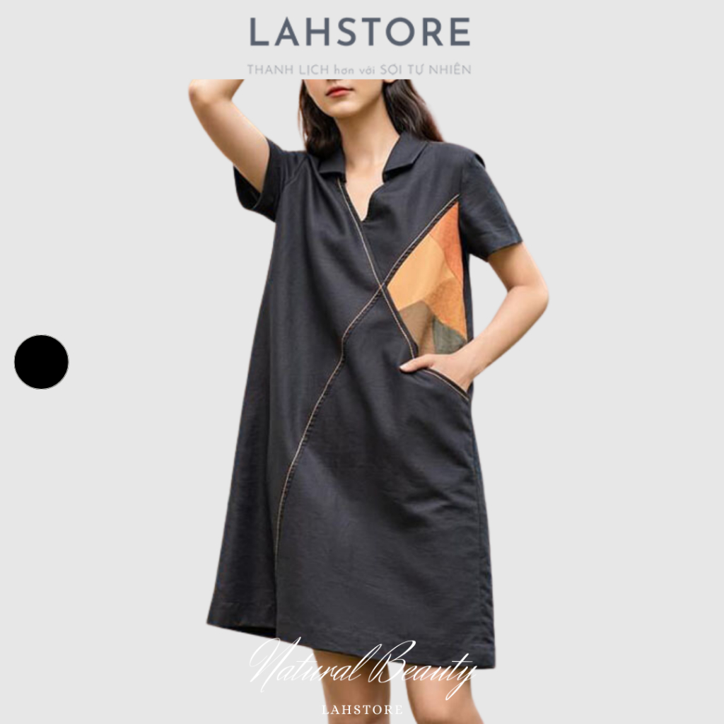 Đầm suông linen Hàn cổ sơ mi phối vải LAHSTORE (Xanh Đen)
