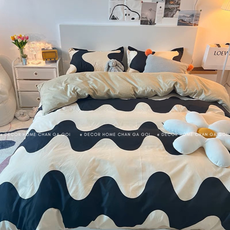 Bộ chăn ga gối Cotton Poly Nhập Khẩu chần bông dày mẫu Sóng Đen