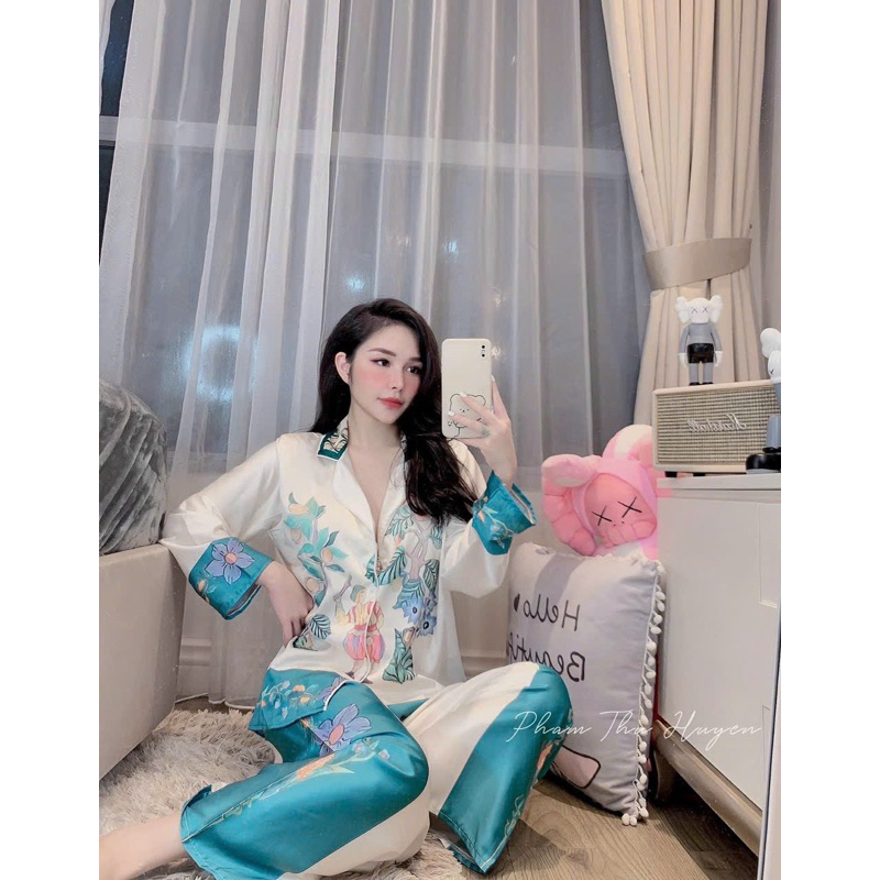 Bộ Pyjama Nữ Tay Dài Chất Lụa Xước Latin Đẹp Mắt Thoáng Mát Hàng Thiết Kế Siêu Xinh