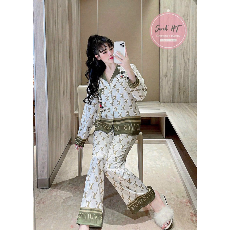 Bộ Pyjama Nữ Tay Dài Chất Lụa Xước Latin Đẹp Mắt Thoáng Mát Hàng Thiết Kế Siêu Xinh