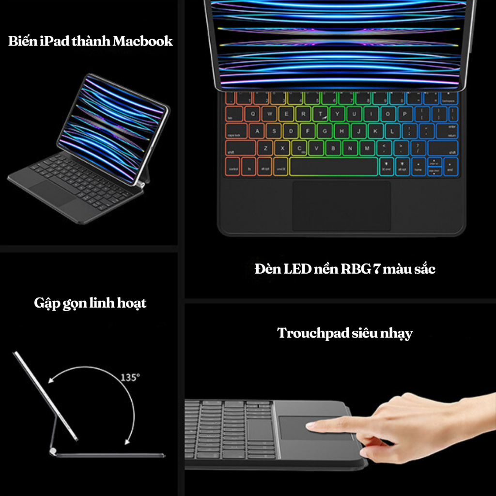 Bao da bàn phím Smart Keybroad dành cho các dòng iPad Gen 10, Air 4/5 10.9", Pro 11", 12.9 inch, có đèn LED nền