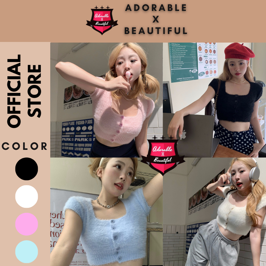 Áo Lông Đen Hồng Freesize Mềm Mịn Ngắn Tay, Áo Len Croptop Họa Tiết Chữ + Nút Ulzzang [AdorablexBeautiful]