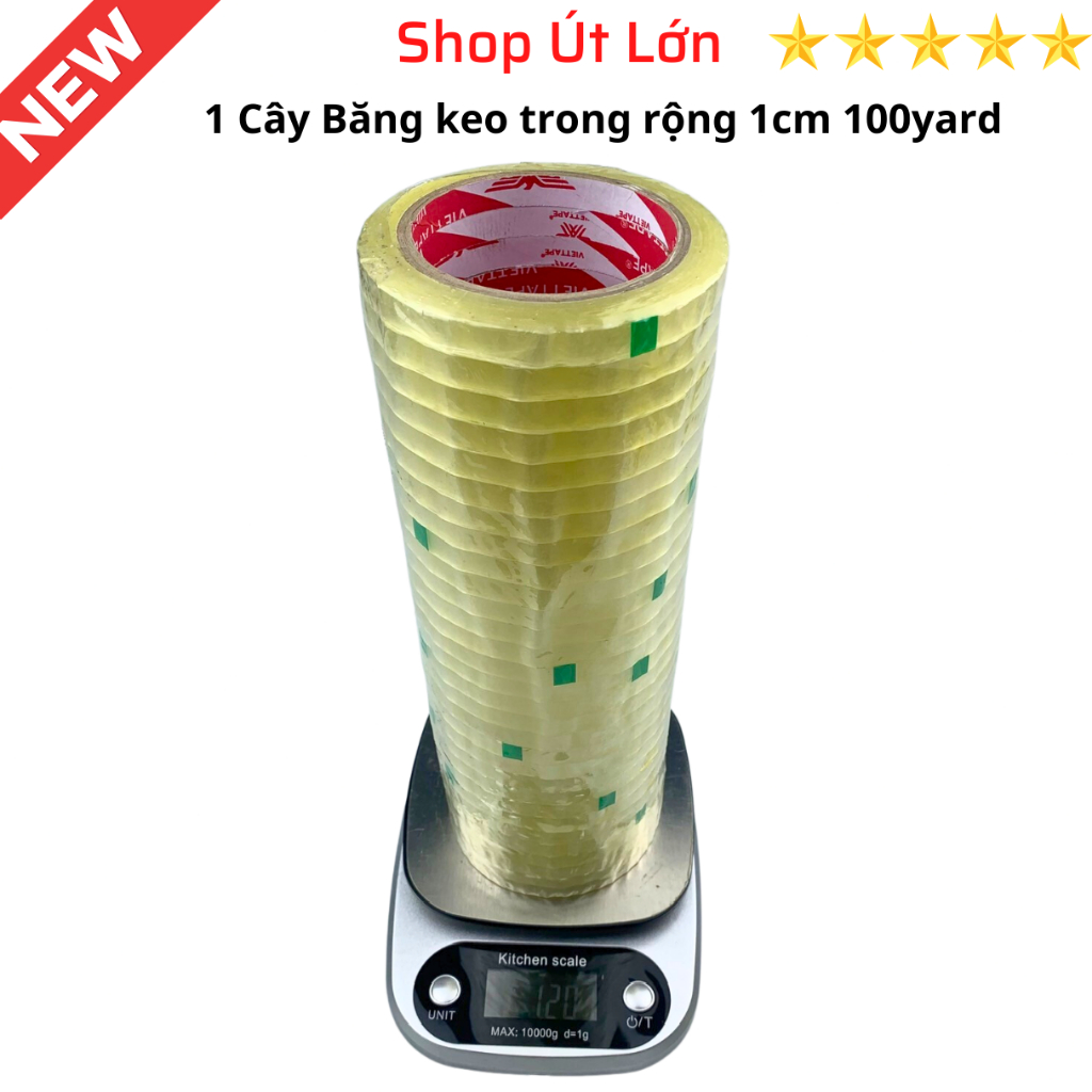 Băng keo trong rộng 1cm, 100yard, nặng 1kg, lõi giấy 3mm, 1 cây có 28 cuộn