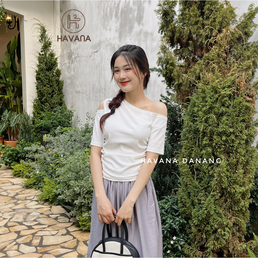 Áo thun Havana kiểu một bên vai nhíu sườn, áo thun kiểu khoét vai  HE366