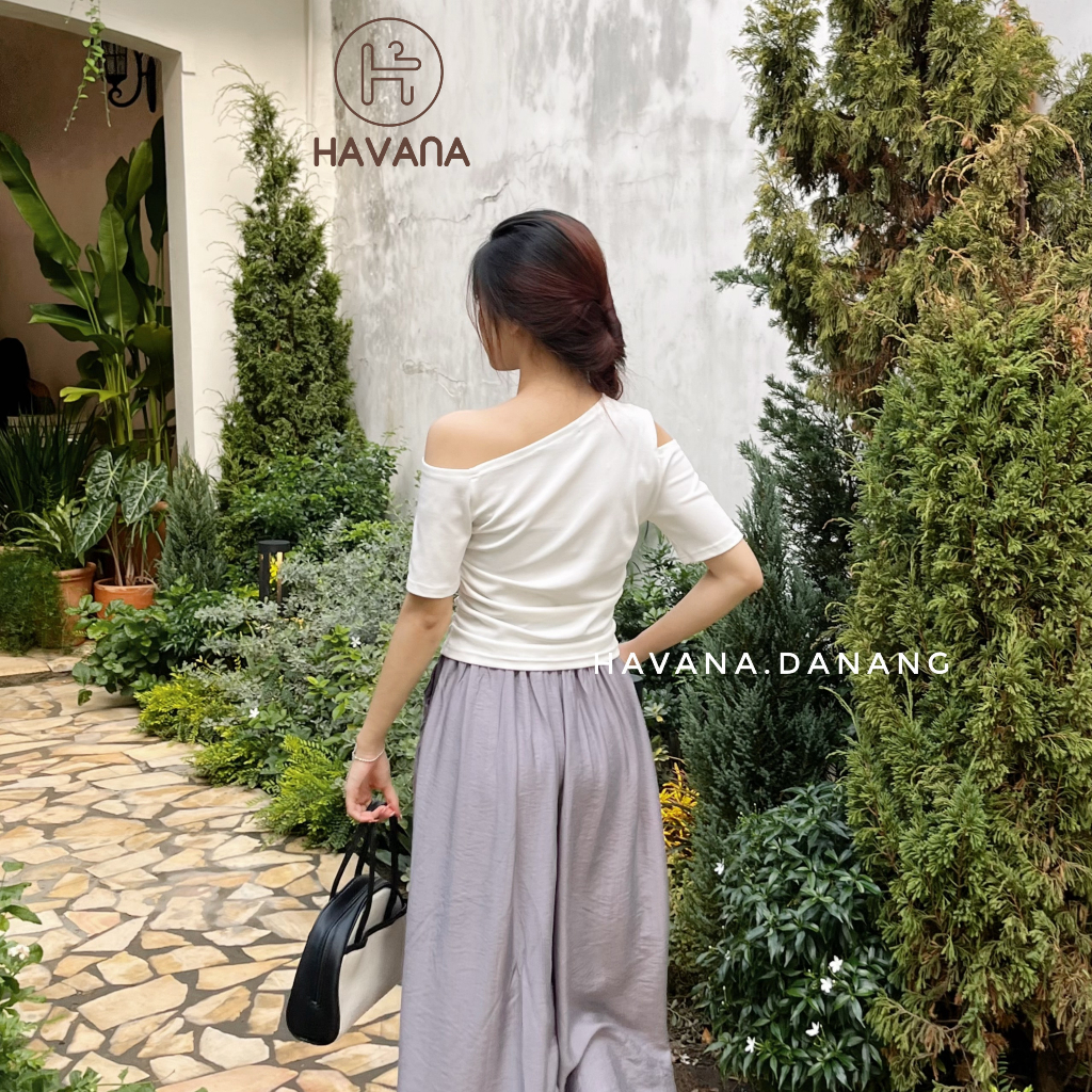 Áo thun Havana kiểu một bên vai nhíu sườn, áo thun kiểu khoét vai  HE366