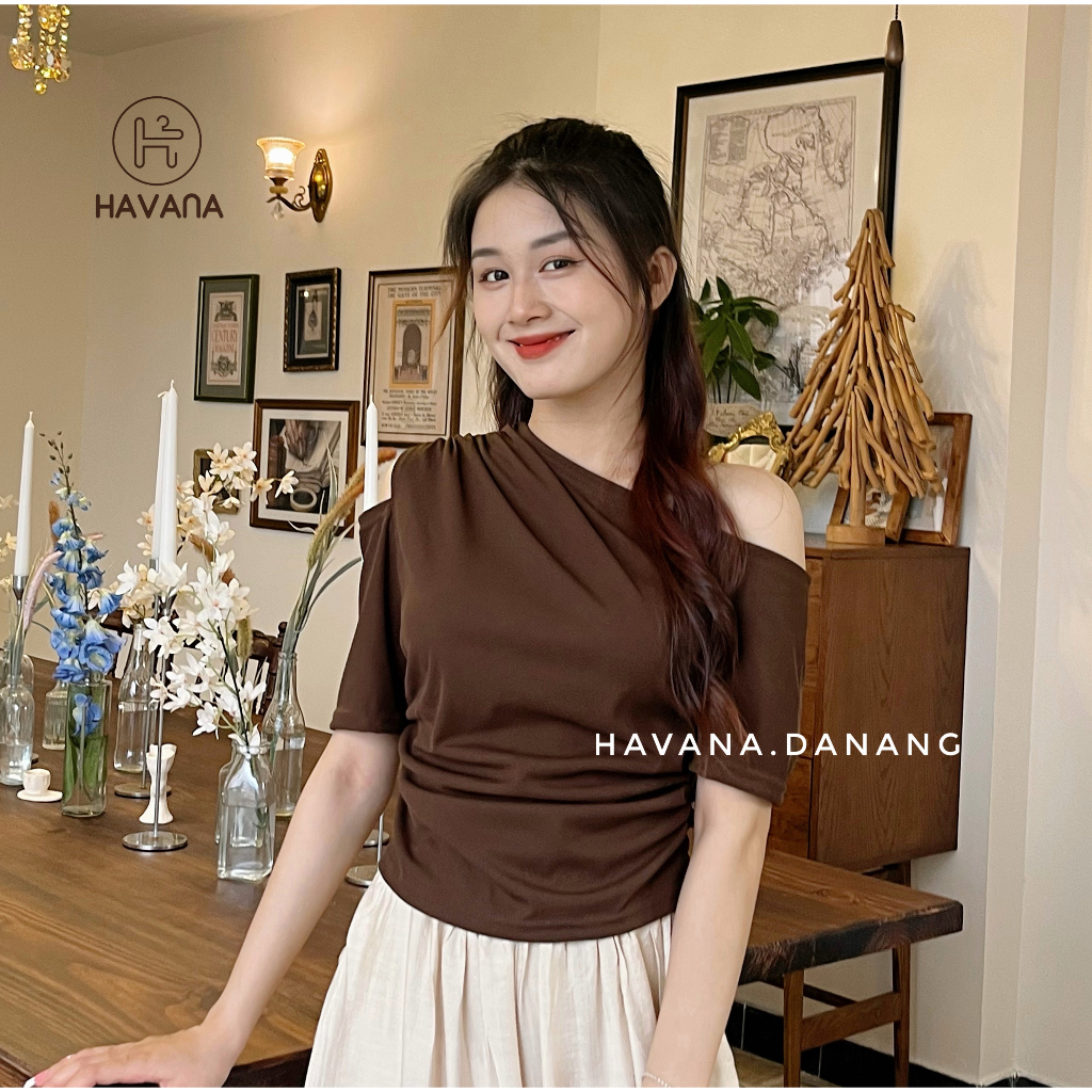 Áo thun Havana kiểu một bên vai nhíu sườn, áo thun kiểu khoét vai  HE366