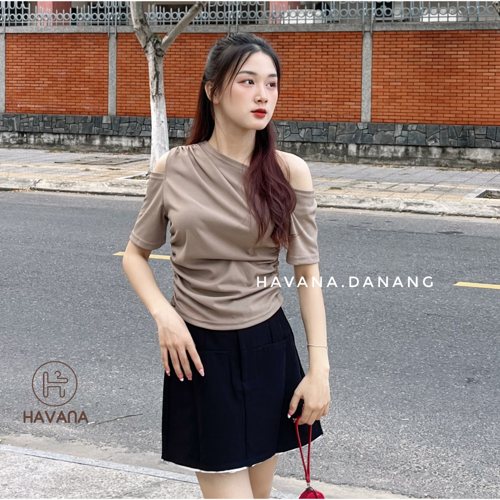 Áo thun Havana kiểu một bên vai nhíu sườn, áo thun kiểu khoét vai  HE366