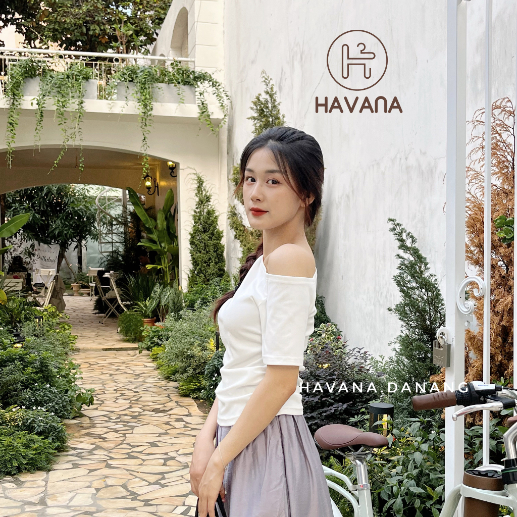 Áo thun Havana kiểu một bên vai nhíu sườn, áo thun kiểu khoét vai  HE366