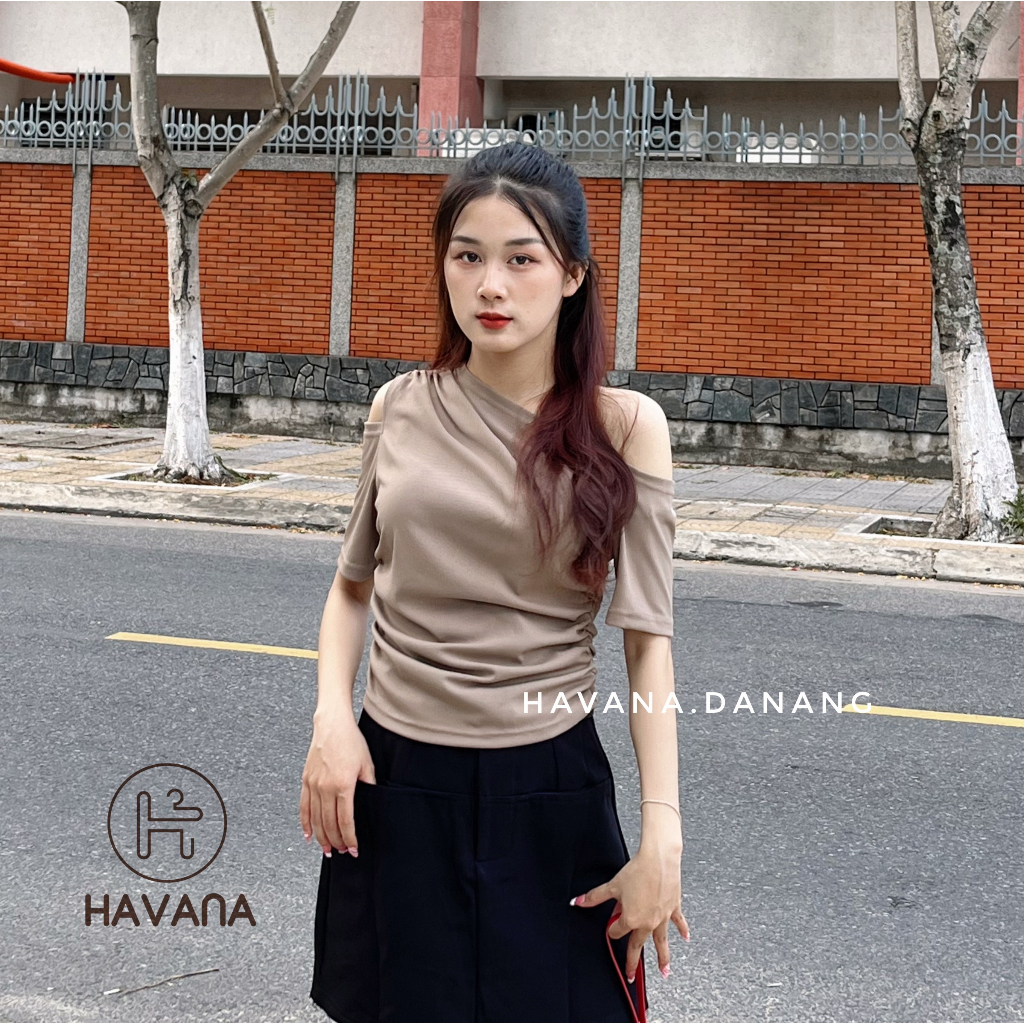 Áo thun Havana kiểu một bên vai nhíu sườn, áo thun kiểu khoét vai  HE366