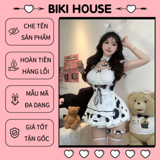 Trang phục cosplay bò sữa dễ thương chấm bi đen hồng cao cấp set bé thỏ bunny kèm phụ kiện sexy đáng yêu BIKI HOUSE N397