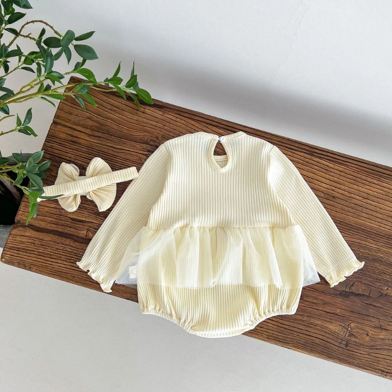 Bodysuit dài tay phối ren kèm nơ cho bé gái mùa thu đông