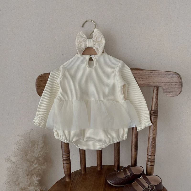 Bodysuit dài tay phối ren kèm nơ cho bé gái mùa thu đông