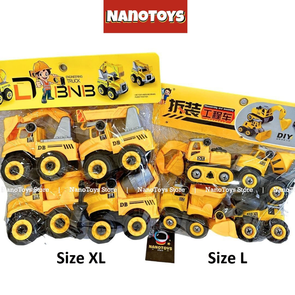 Đồ chơi xe Công trình lắp ráp chạy trớn - bộ 4 xe kèm tua vít - size L - NANOTOYS STORE