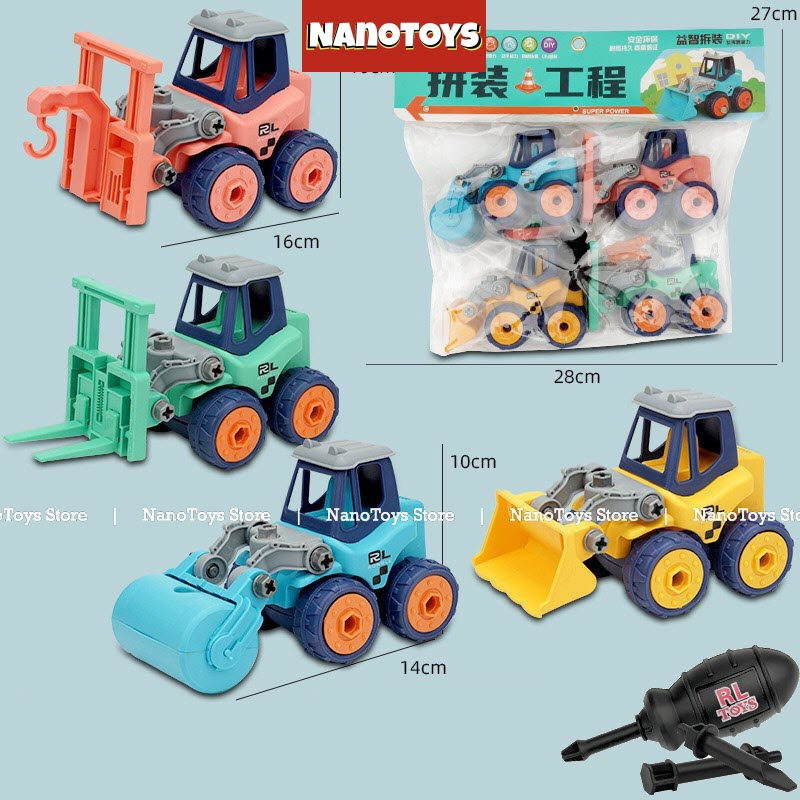 Đồ chơi xe Công trình lắp ráp chạy trớn - bộ 4 xe kèm tua vít - size L - NANOTOYS STORE