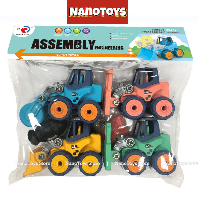 Đồ chơi xe Công trình lắp ráp chạy trớn - bộ 4 xe kèm tua vít - size L - NANOTOYS STORE