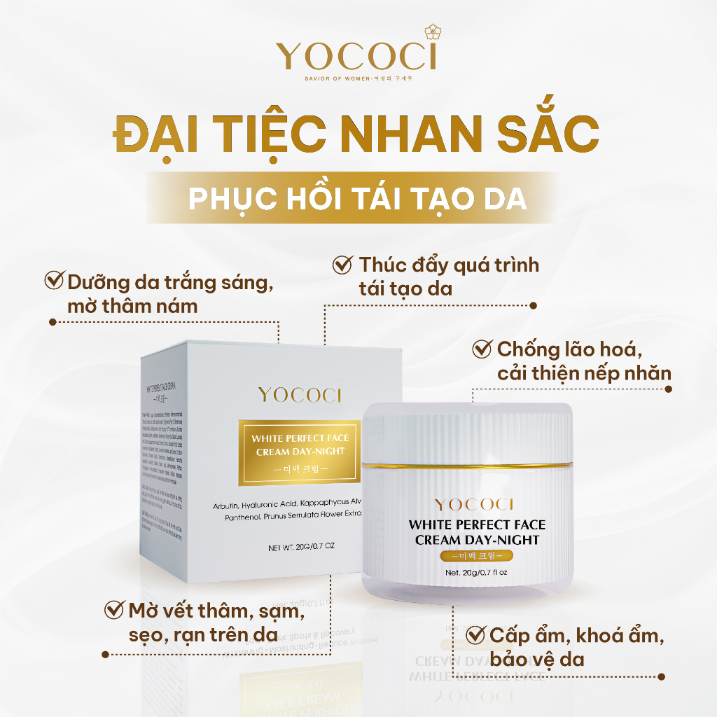 Kem Dưỡng Trắng Da Mặt YOCOCI Dưỡng Ẩm, Chống Lão Hóa,Se Khít Lỗ Chân Lông White Perfect Face Cream Day Night 20g