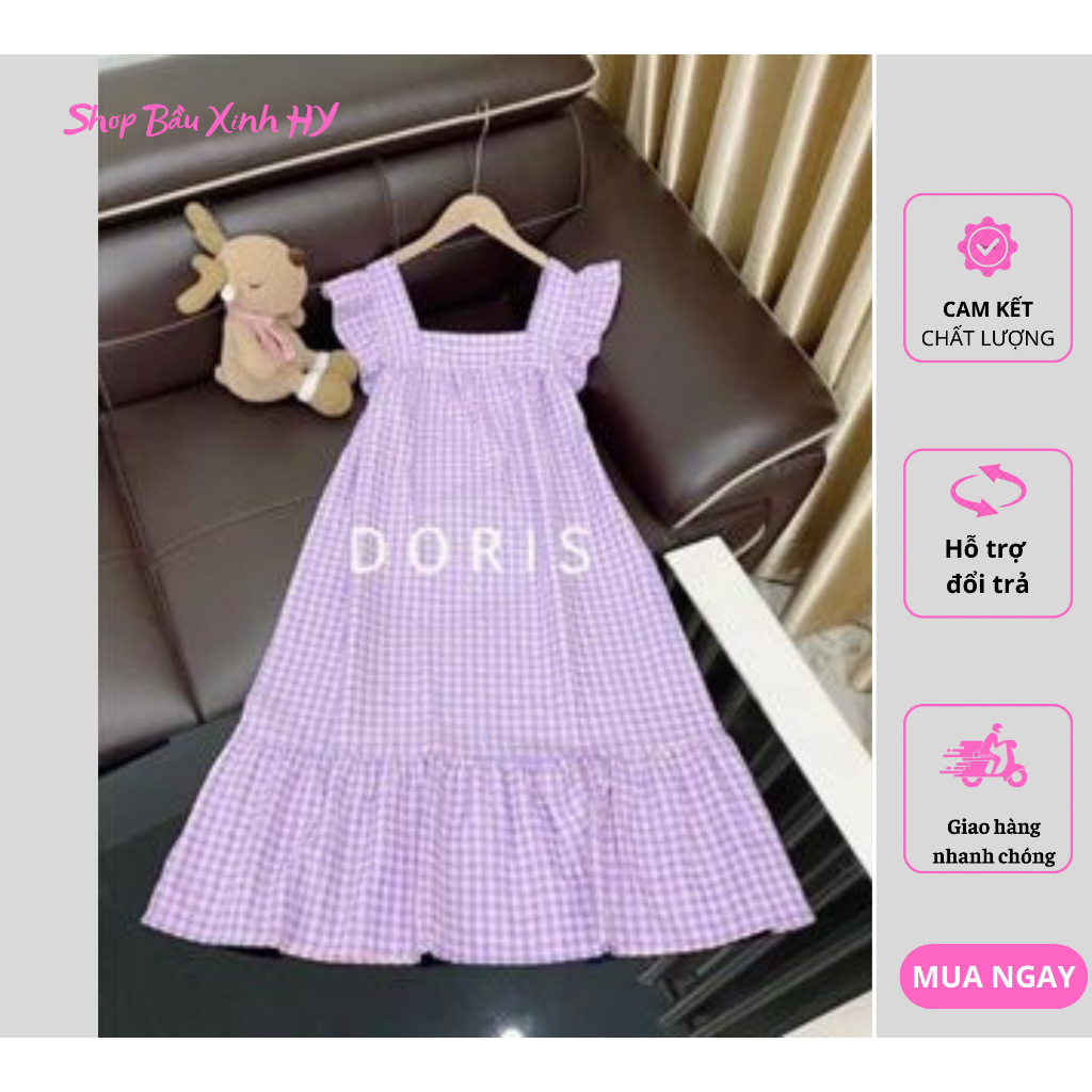 Váy kẻ xuông 2 dây chất liệu Đũi xốp dáng Babydoll siêu xinh bầu hay không bầu mặc đều ok, 7 màu siêu xinh