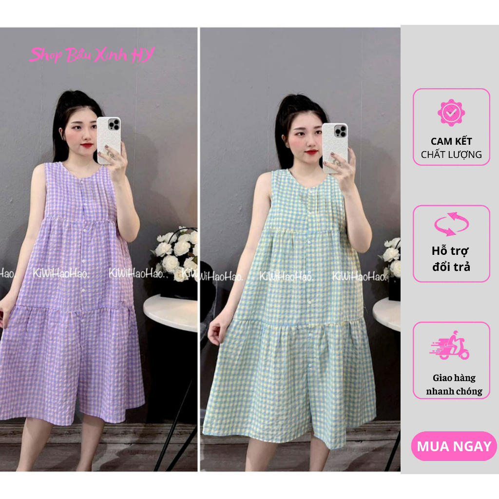 Váy kẻ xuông sát nách chất liệu Đũi xốp dáng Babydoll siêu xinh bầu hay không bầu mặc đều ok