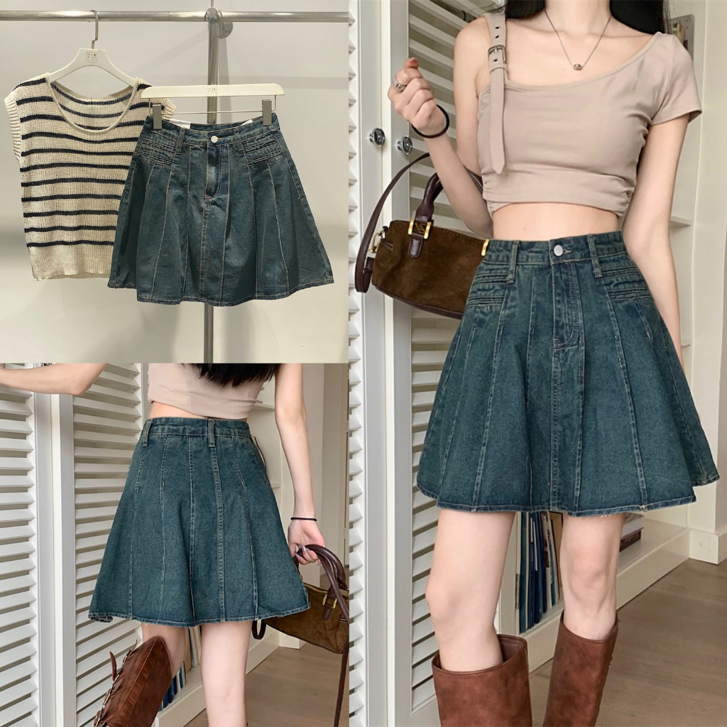 Chân váy mini jean xếp ly chạy chỉ  - Nhakholiti V780