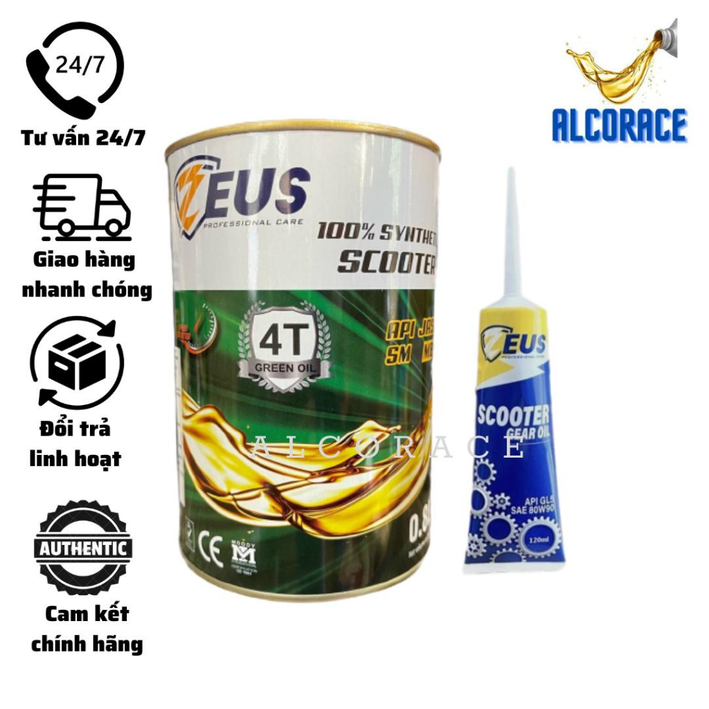 Combo nhớt xe ga ZEUS SCOOTER 10W40 MB 100% tổng hợp + nhớt láp Zeus chống hú 80W90 Gear Oil