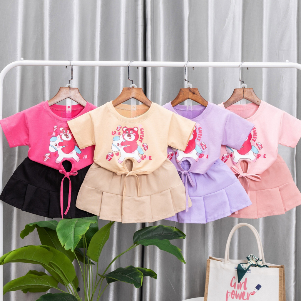 Sét váy gấu dâu cho bé gái 10kg-38kg chân váy kaki mềm kết hợp với áo thun croptop