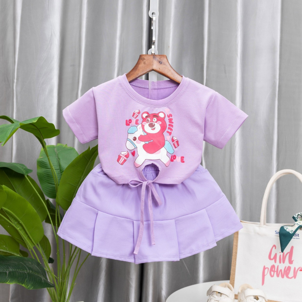 Sét váy gấu dâu cho bé gái 10kg-38kg chân váy kaki mềm kết hợp với áo thun croptop
