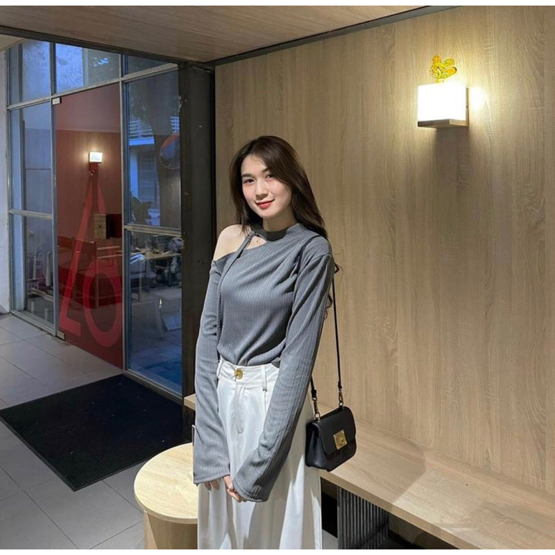 Áo kiểu thun nữ lệch vai dây nơ dài tay phong cách Hàn Quốc