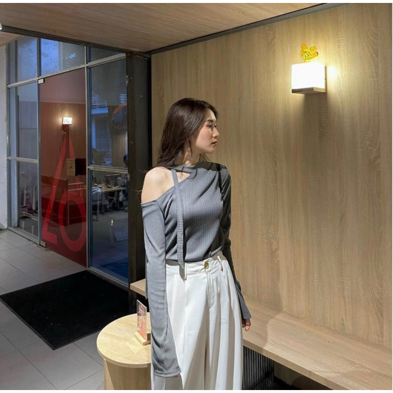 Áo kiểu thun nữ lệch vai dây nơ dài tay phong cách Hàn Quốc