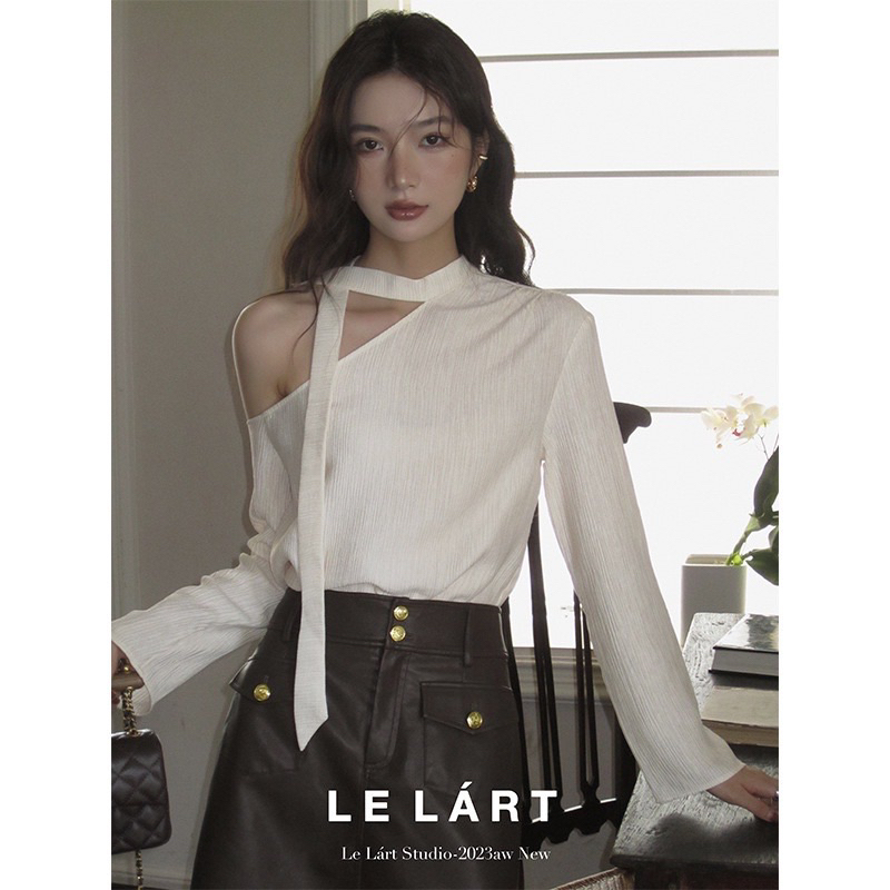 Áo kiểu thun nữ lệch vai dây nơ dài tay phong cách Hàn Quốc