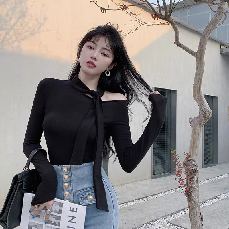 Áo kiểu thun nữ lệch vai dây nơ dài tay phong cách Hàn Quốc
