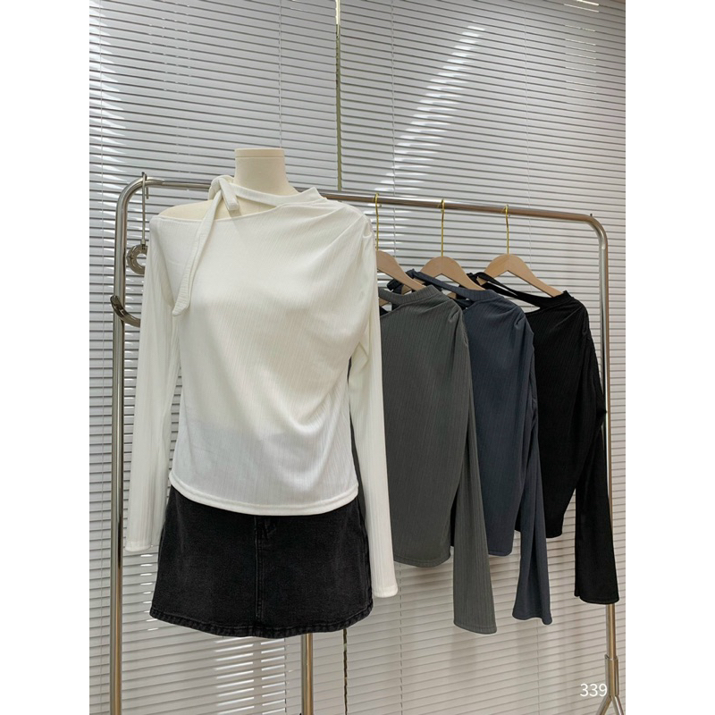 Áo kiểu thun nữ lệch vai dây nơ dài tay phong cách Hàn Quốc