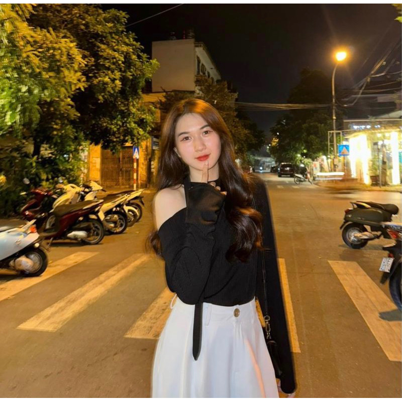 Áo kiểu thun nữ lệch vai dây nơ dài tay phong cách Hàn Quốc