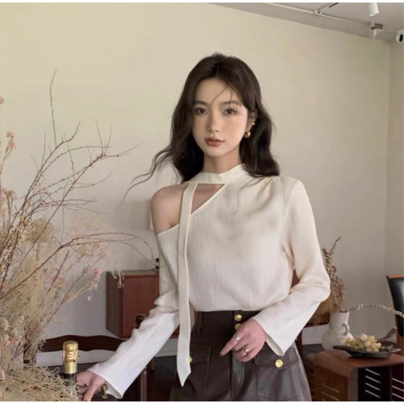 Áo kiểu thun nữ lệch vai dây nơ dài tay phong cách Hàn Quốc