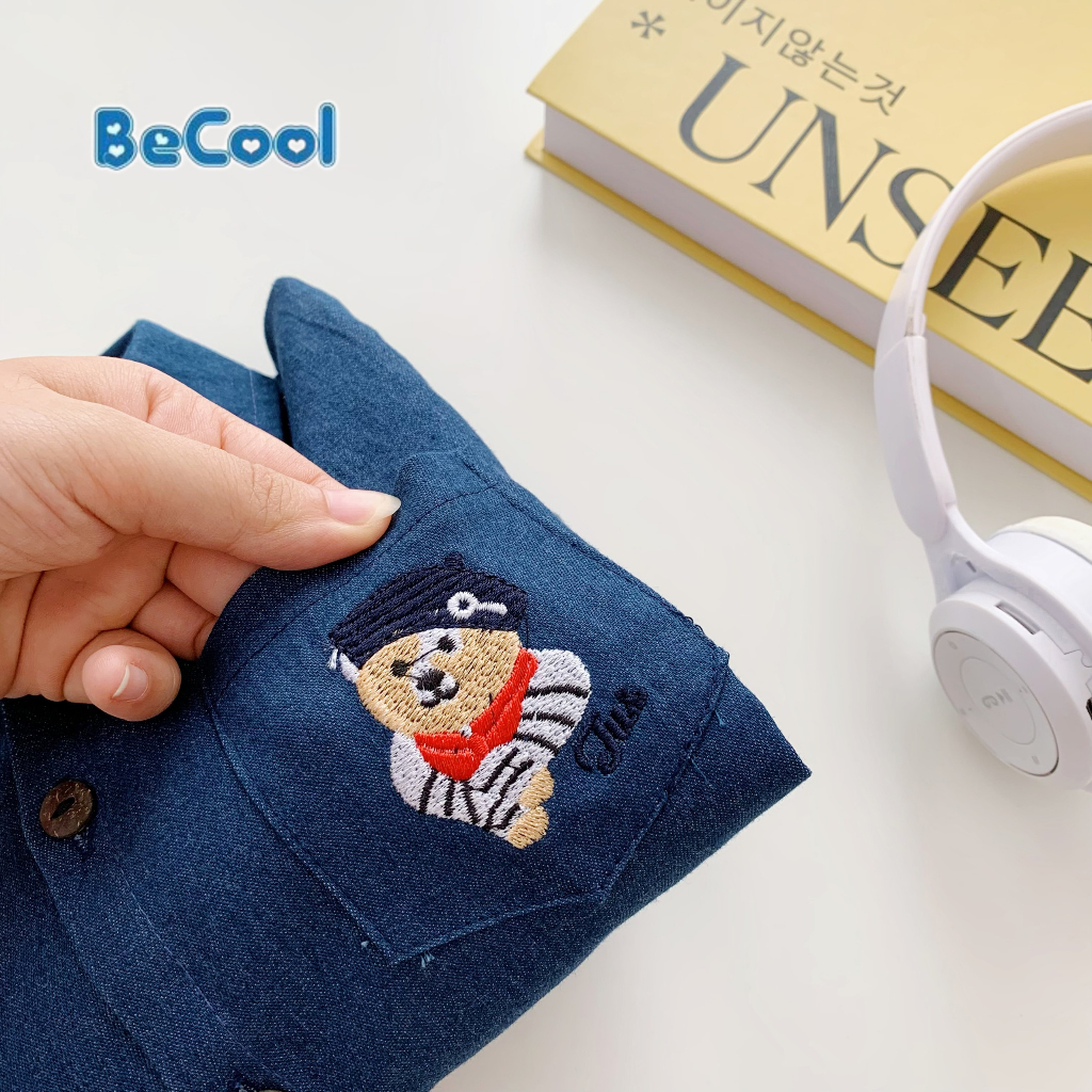 Áo Sơ Mi Cho Bé Trai Chất Bò Thêu Gấu, Áo Sơ Mi Dài Tay Cho Bé Từ 10 đến 26kg SÂU SHOP