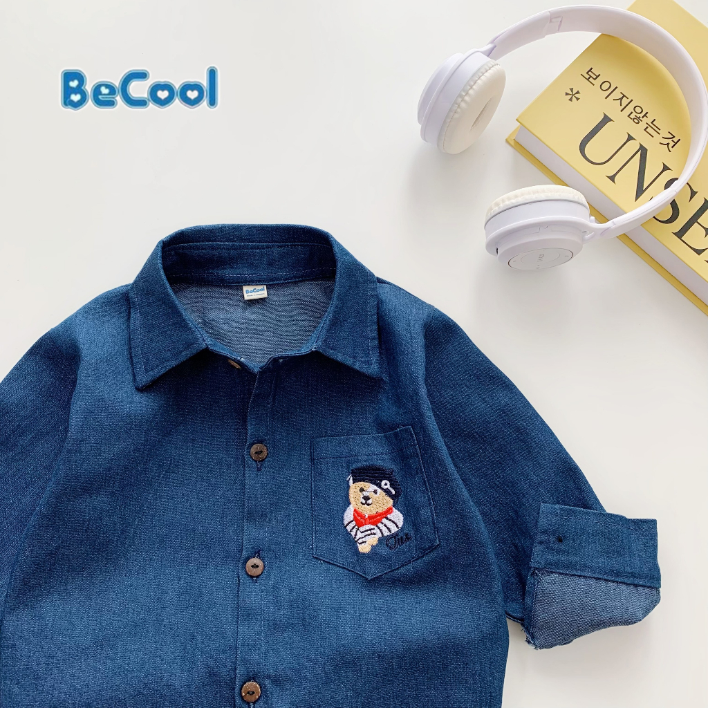 Áo Sơ Mi Cho Bé Trai Chất Bò Thêu Gấu, Áo Sơ Mi Dài Tay Cho Bé Từ 10 đến 26kg SÂU SHOP