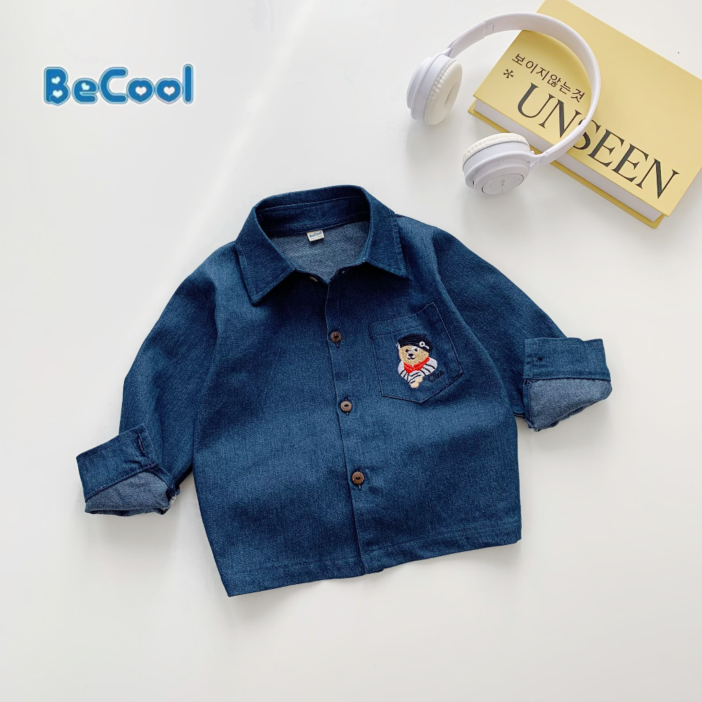 Áo Sơ Mi Cho Bé Trai Chất Bò Thêu Gấu, Áo Sơ Mi Dài Tay Cho Bé Từ 10 đến 26kg SÂU SHOP