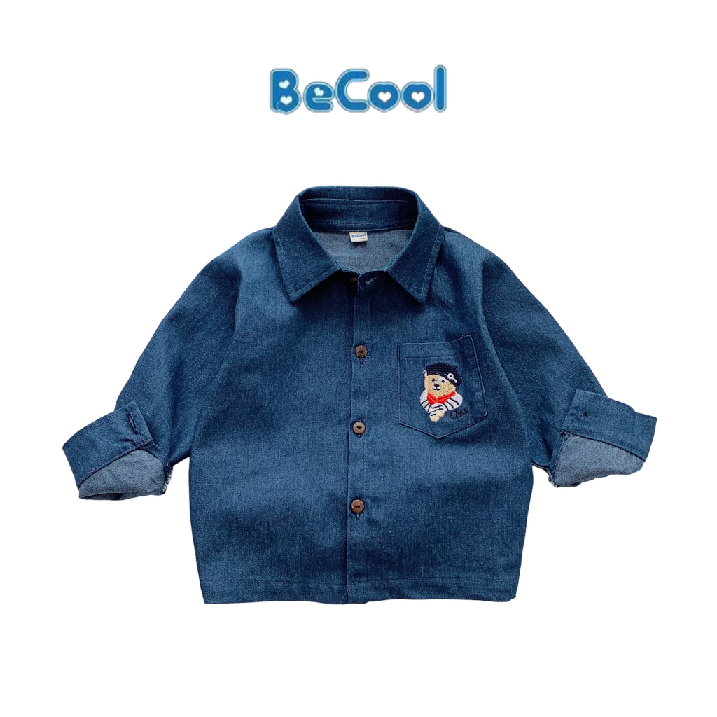 Áo Sơ Mi Cho Bé Trai Chất Bò Thêu Gấu, Áo Sơ Mi Dài Tay Cho Bé Từ 10 đến 26kg SÂU SHOP