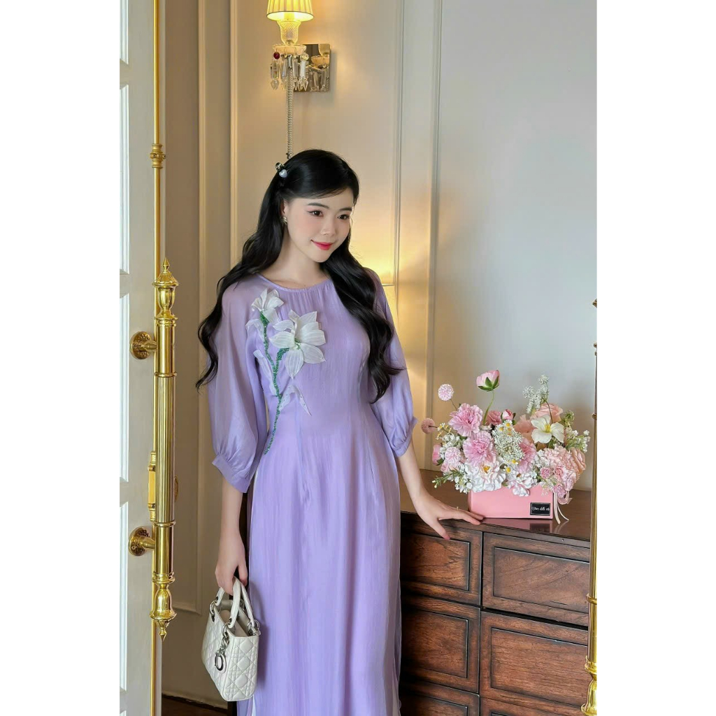 Áo dài cách tân nữ 4 tà duyên dáng họa tiết hoa sen