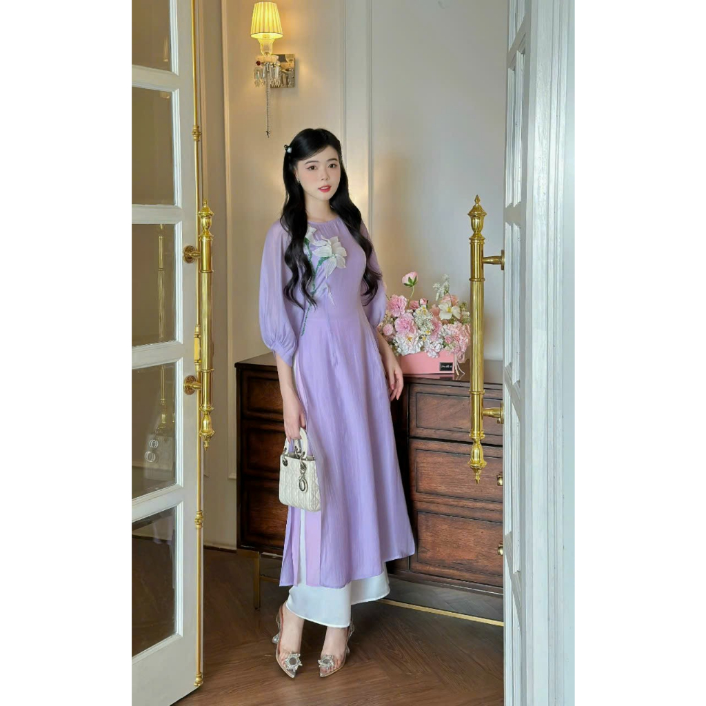 Áo dài cách tân nữ 4 tà duyên dáng họa tiết hoa sen