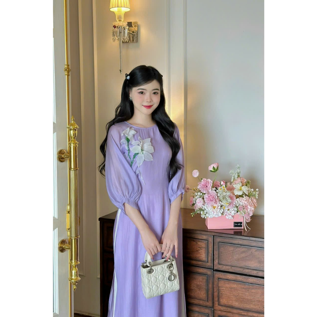 Áo dài cách tân nữ 4 tà duyên dáng họa tiết hoa sen