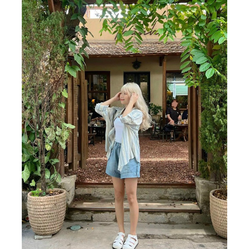 SET 3 MÓN: ÁO SƠ MI KẺ - CROP 2 DÂY TRẮNG - SHORT JEAN