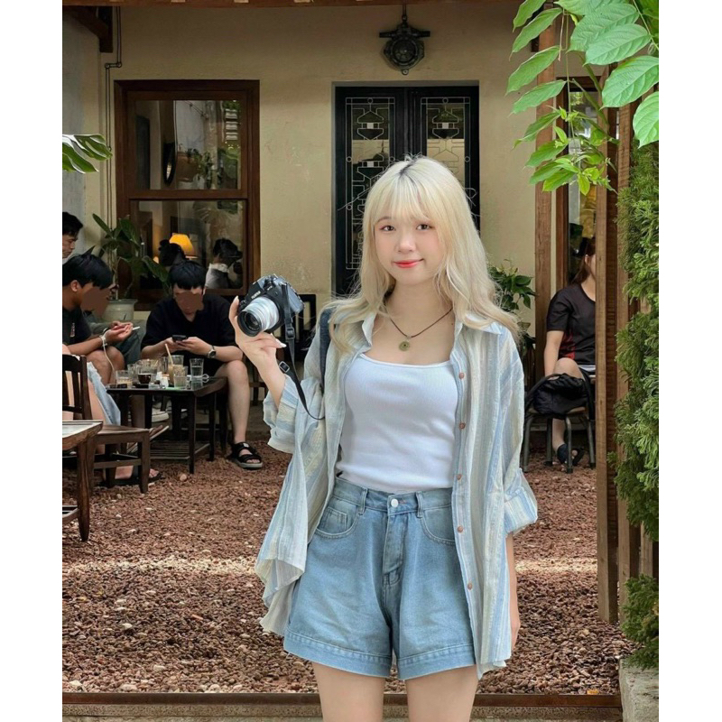 SET 3 MÓN: ÁO SƠ MI KẺ - CROP 2 DÂY TRẮNG - SHORT JEAN