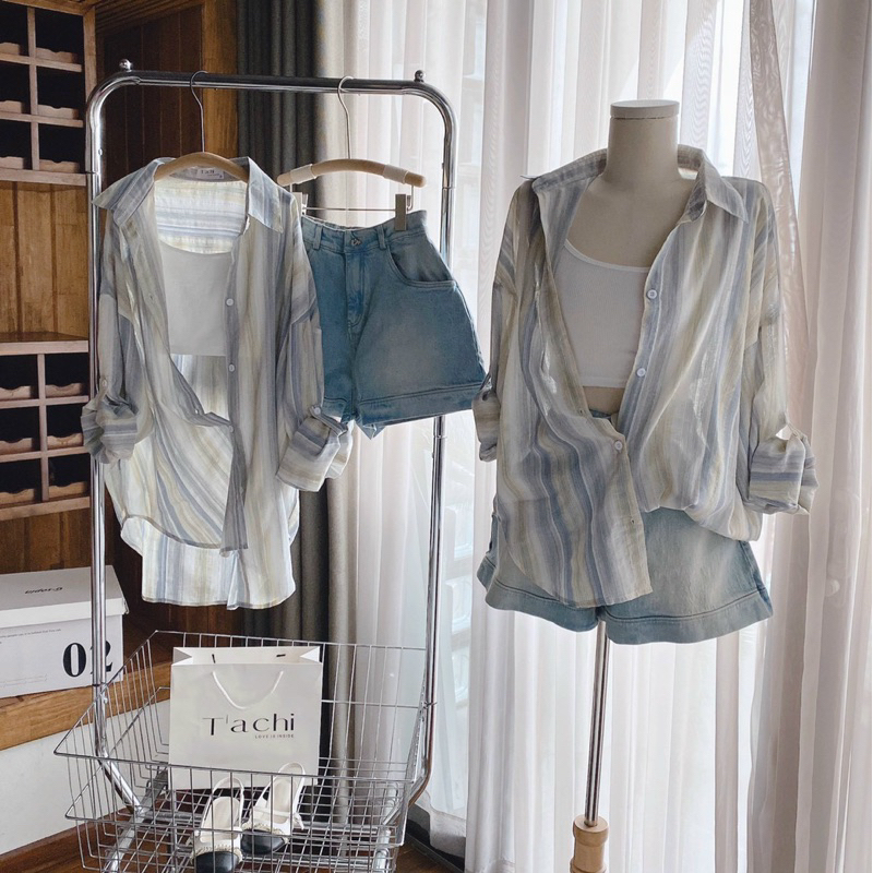 SET 3 MÓN: ÁO SƠ MI KẺ - CROP 2 DÂY TRẮNG - SHORT JEAN