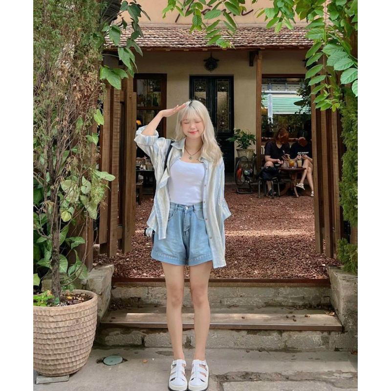 SET 3 MÓN: ÁO SƠ MI KẺ - CROP 2 DÂY TRẮNG - SHORT JEAN