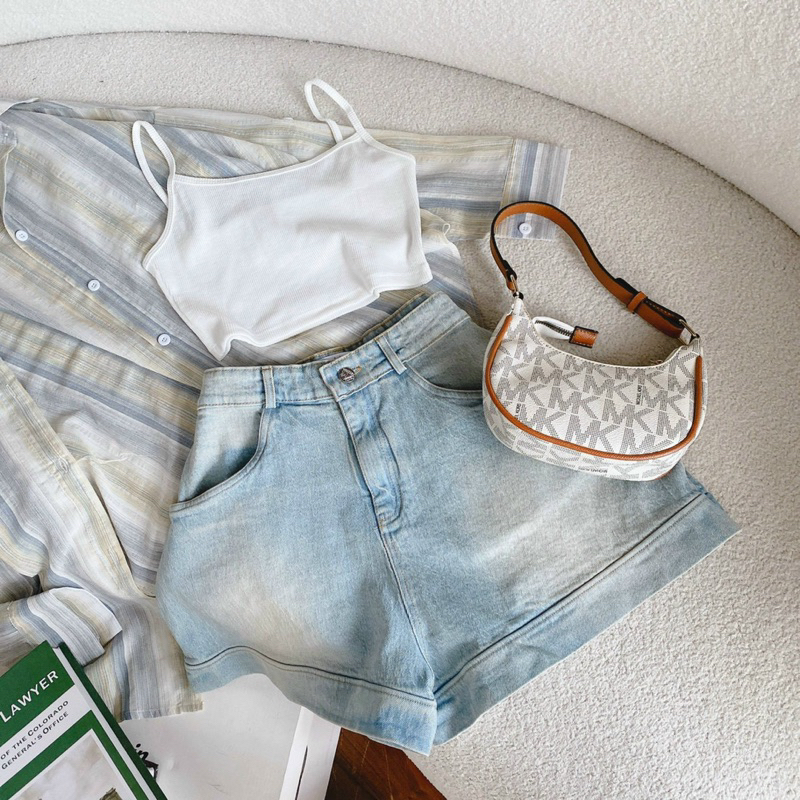 SET 3 MÓN: ÁO SƠ MI KẺ - CROP 2 DÂY TRẮNG - SHORT JEAN